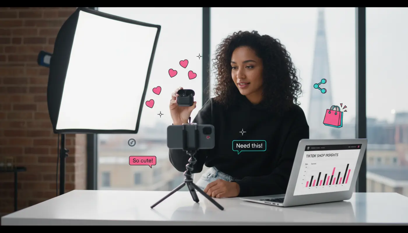 UK TikTok creator filming product video for TikTok Shop affiliate sales in a modern studio setup.