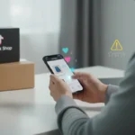 UK shopper using TikTok Shop on phone with parcels and trust cues showing safe online shopping concept.