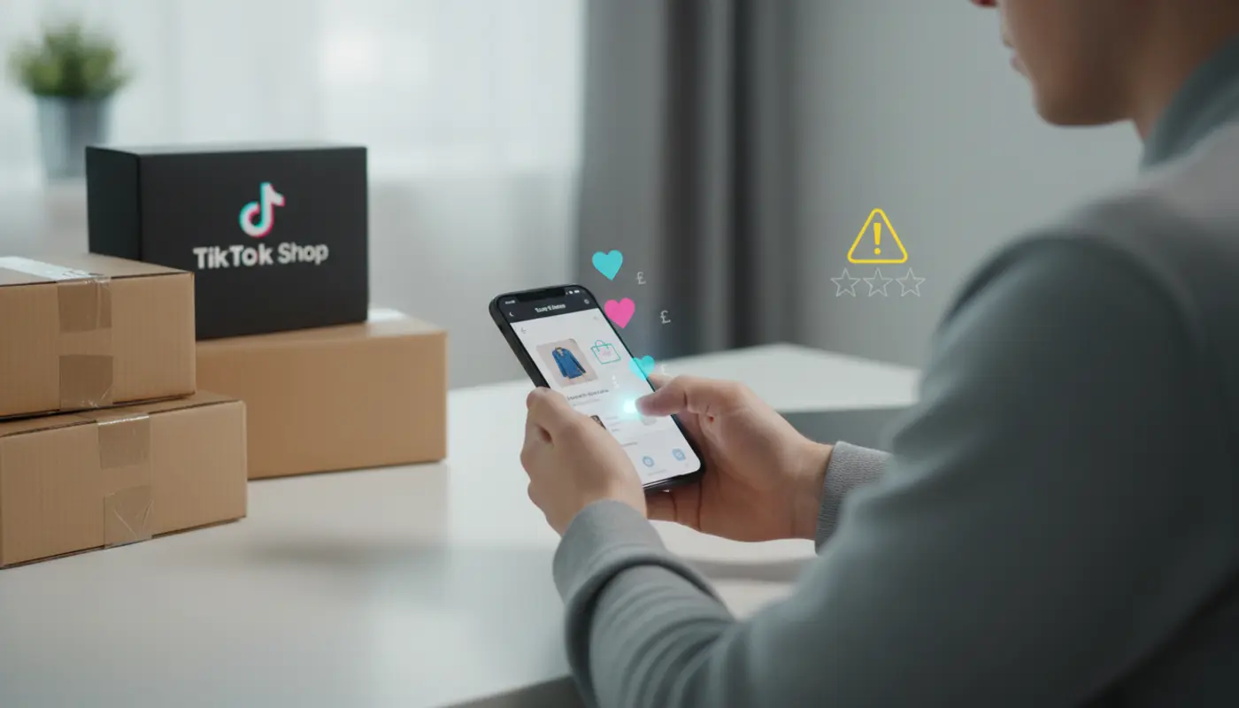 UK shopper using TikTok Shop on phone with parcels and trust cues showing safe online shopping concept.