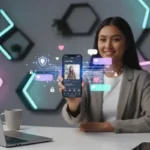 UK TikTok creator using app with data security icons and privacy visuals in a modern studio setting.