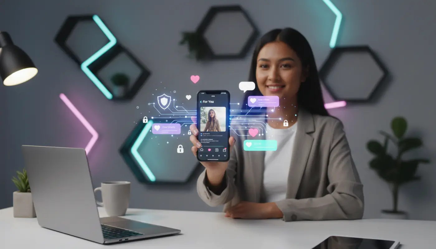 UK TikTok creator using app with data security icons and privacy visuals in a modern studio setting.