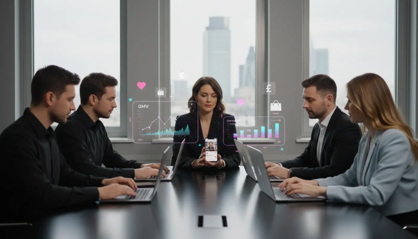 UK business team analysing TikTok Shop data with creators and sales metrics in a modern office setting