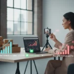 UK TikTok Shop seller tracking growth from first sale to rising revenue in a modern studio setup.