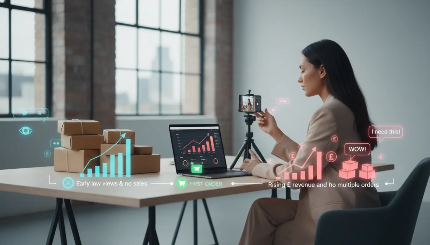 UK TikTok Shop seller tracking growth from first sale to rising revenue in a modern studio setup.