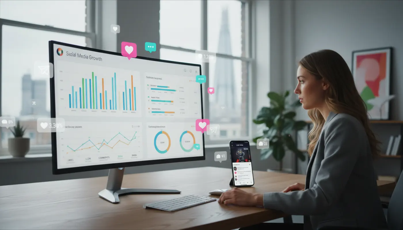 UK TikTok creator analysing account with real followers and engagement metrics in a modern studio setting.
