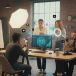UK TikTok marketing team creating content and analysing ad performance in a modern studio setting.