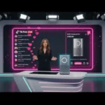 TikTok LIVE product launch in a UK studio showing host selling with TikTok Shop interface and floating engagement icons.