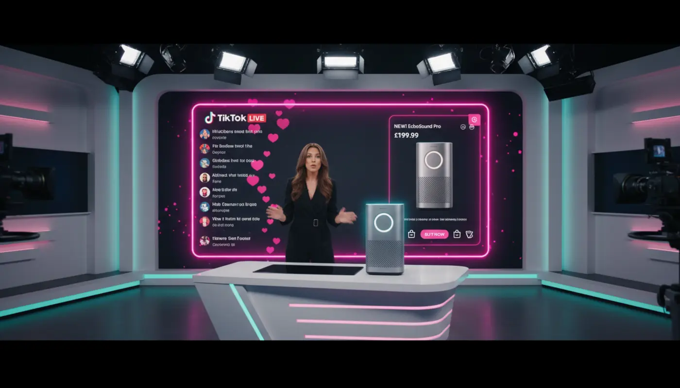 TikTok LIVE product launch in a UK studio showing host selling with TikTok Shop interface and floating engagement icons.