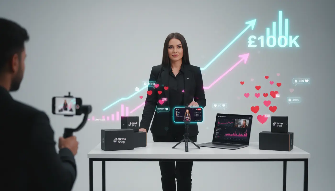 UK TikTok Shop seller scaling sales with creators, LIVE streaming and growth visuals toward £100K GMV.