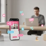 TikTok Shop free shipping vouchers shown on smartphone in UK ecommerce workspace with parcels and checkout scene.