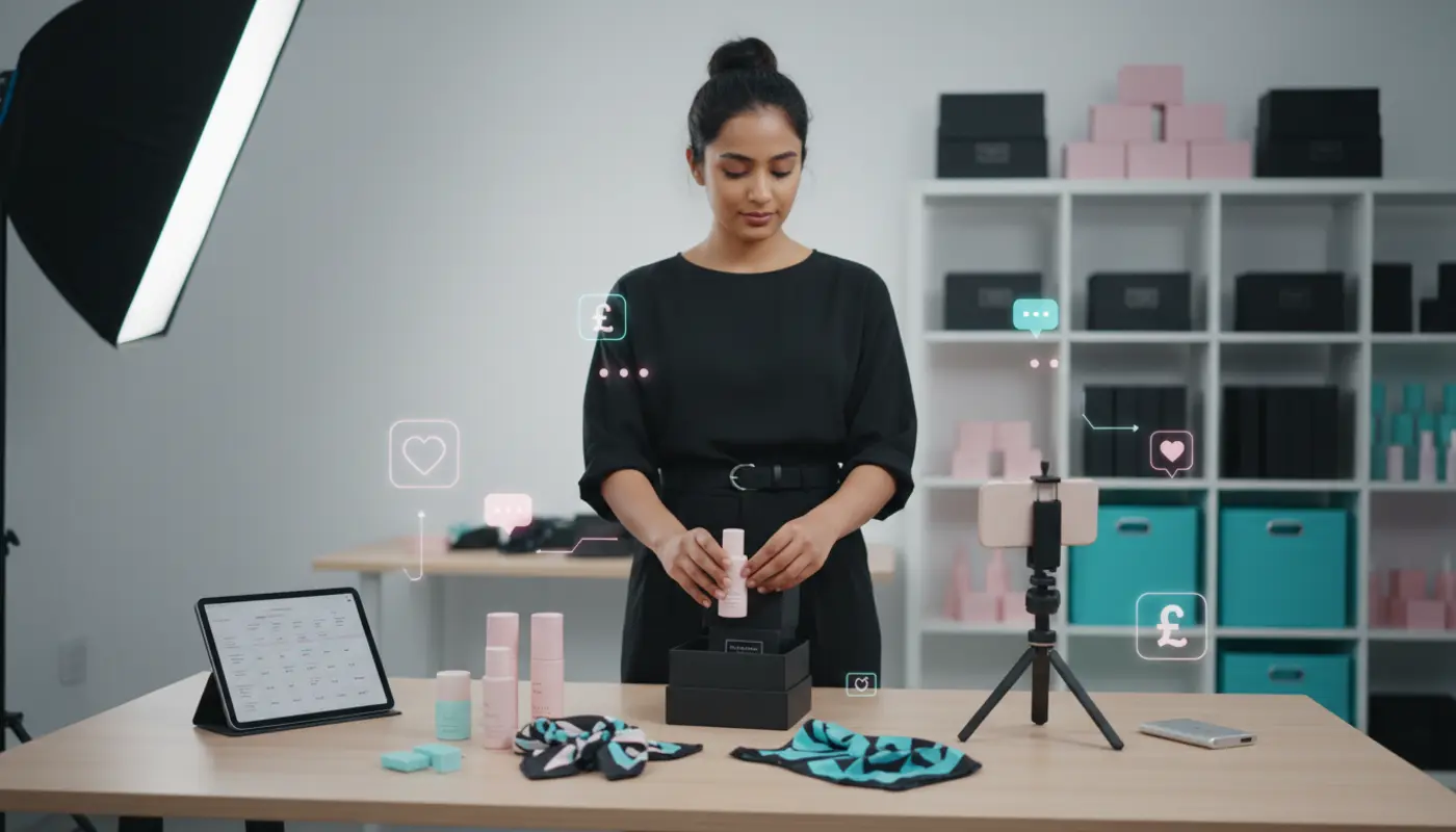 UK small business owner creating TikTok Shop content while packing orders in a bright studio setup.