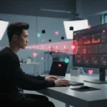 TikTok Shop seller in UK studio analysing ads with high spend but low conversions and broken sales funnel visuals.