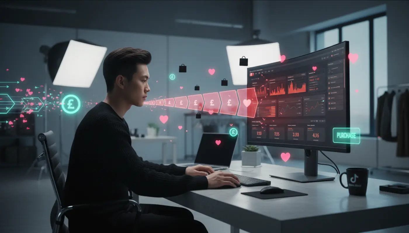 TikTok Shop seller in UK studio analysing ads with high spend but low conversions and broken sales funnel visuals.