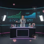 UK TikTok LIVE studio with host and analytics visuals showing revenue growth and ROI performance.