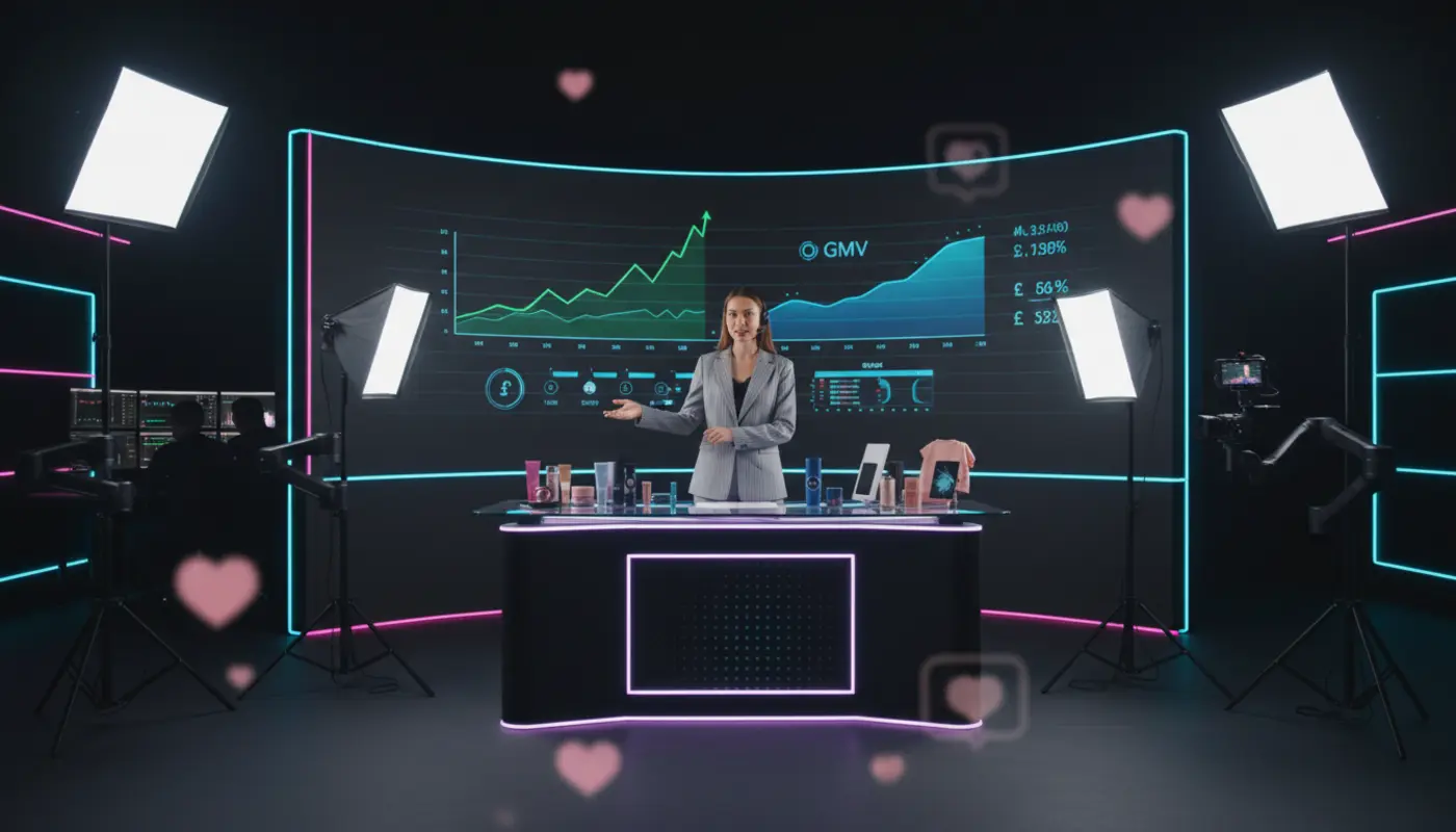 UK TikTok LIVE studio with host and analytics visuals showing revenue growth and ROI performance.