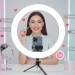 UK TikTok LIVE beauty studio with host demonstrating makeup and live shopping elements driving sales