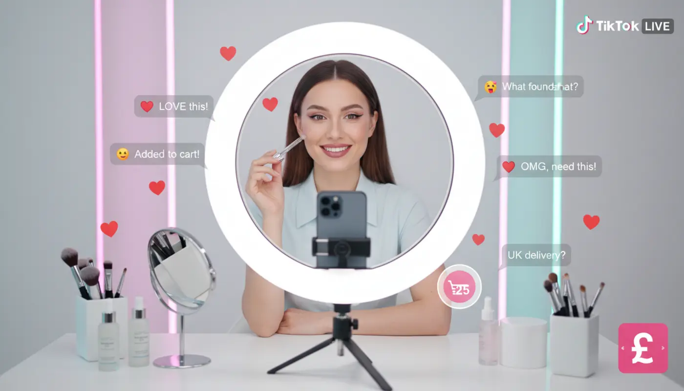 UK TikTok LIVE beauty studio with host demonstrating makeup and live shopping elements driving sales