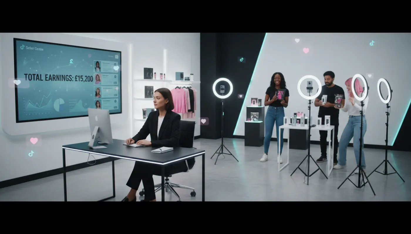 TikTok Shop affiliate programme setup in a UK studio with creators filming products and Seller Centre dashboard.