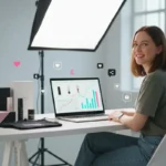 UK TikTok Shop seller reviewing low impressions analytics with rising visibility indicators and TikTok UI icons