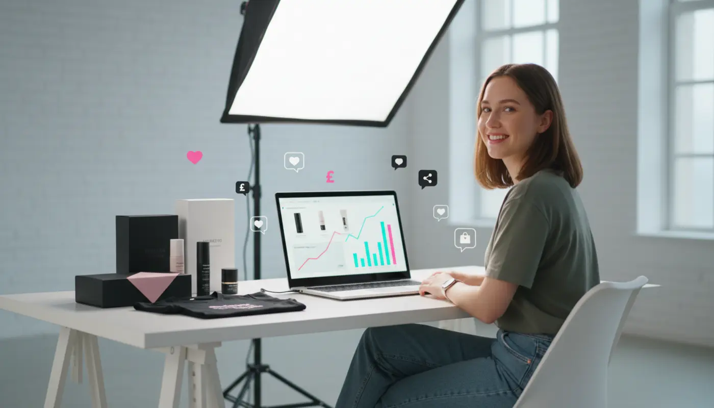 UK TikTok Shop seller reviewing low impressions analytics with rising visibility indicators and TikTok UI icons