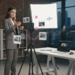 UK TikTok creator filming in studio with subtle app icons and professional lighting