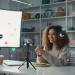 UK TikTok creator filming in studio with subtle app icons and premium lighting setup.