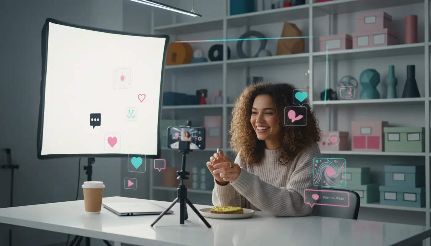 UK TikTok creator filming in studio with subtle app icons and premium lighting setup.