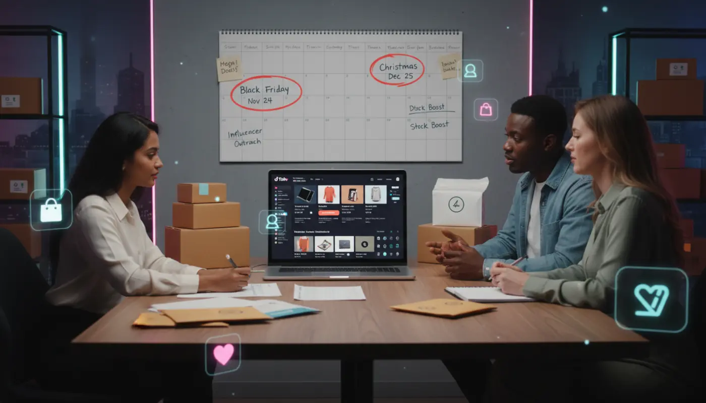 UK team planning TikTok Shop peak season strategy with products, calendar and TikTok-style shopping visuals.