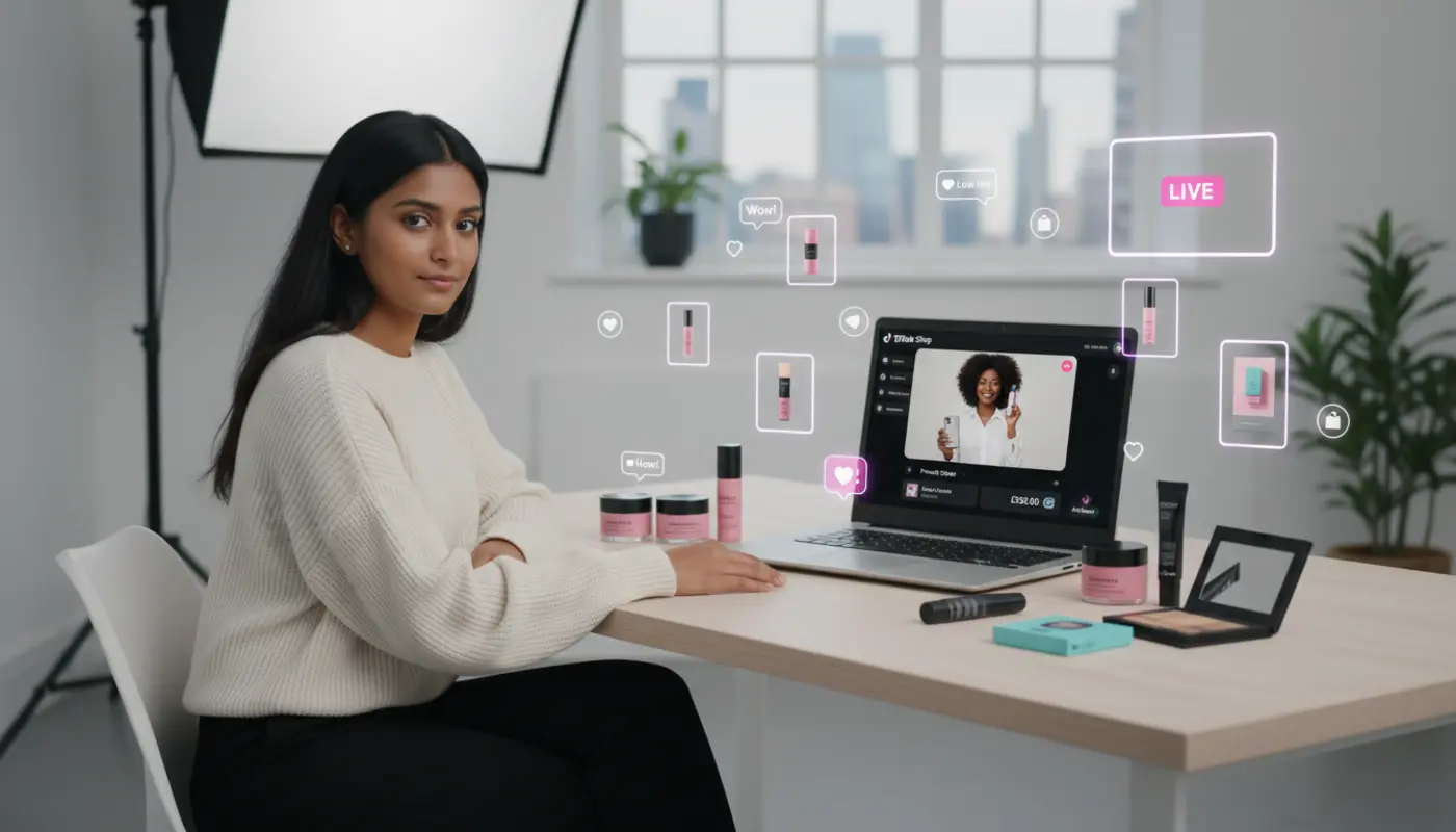 UK TikTok Shop seller making sales without followers using creators, ads and live shopping in a modern studio setting.