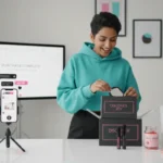 UK creator unboxing subscription box on TikTok Shop LIVE with products and ecommerce setup in background.