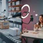 TikTok Shop vs Amazon UK visual showing creator studio and fulfilment warehouse comparison