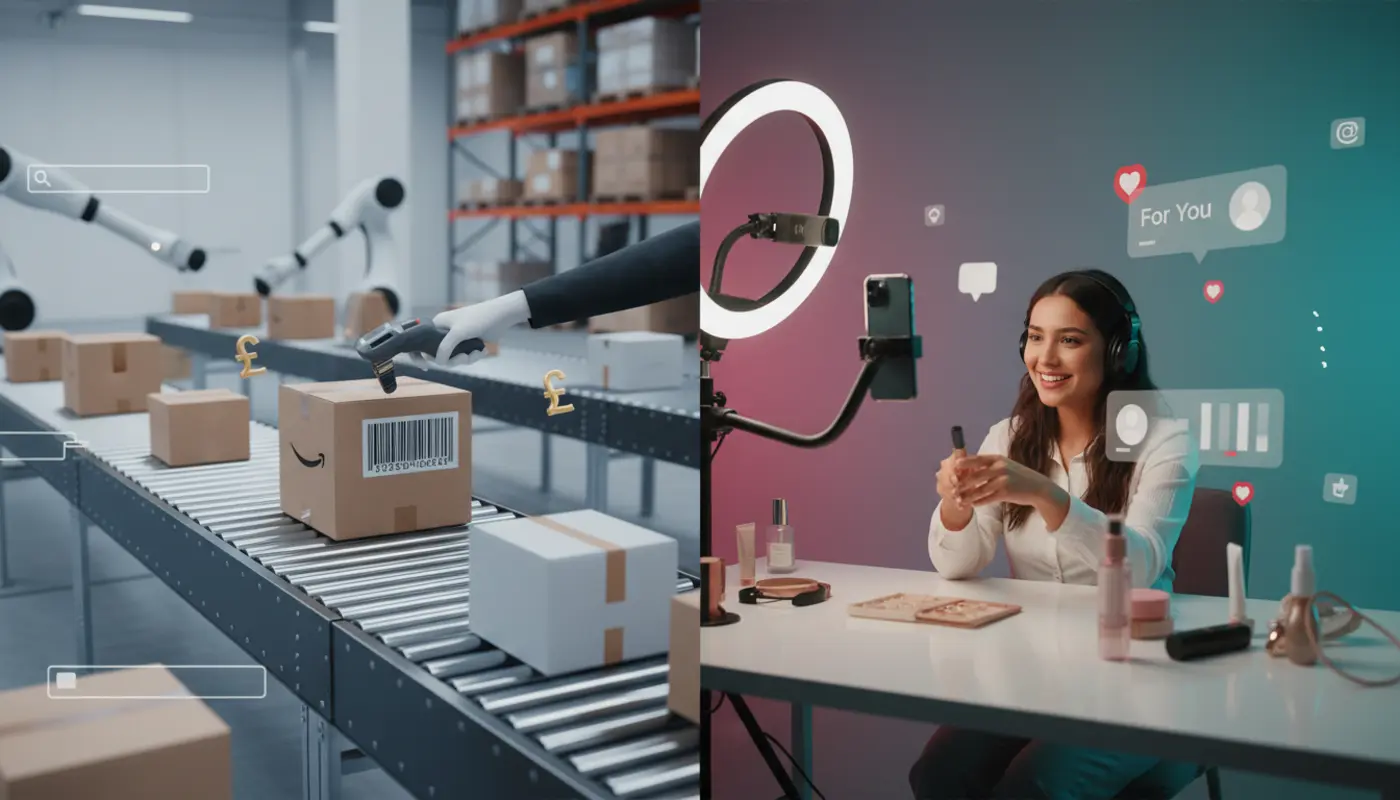 TikTok Shop vs Amazon UK visual showing creator studio and fulfilment warehouse comparison