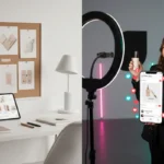 TikTok Shop live selling vs Pinterest planning boards in a UK studio showing social commerce contrast.
