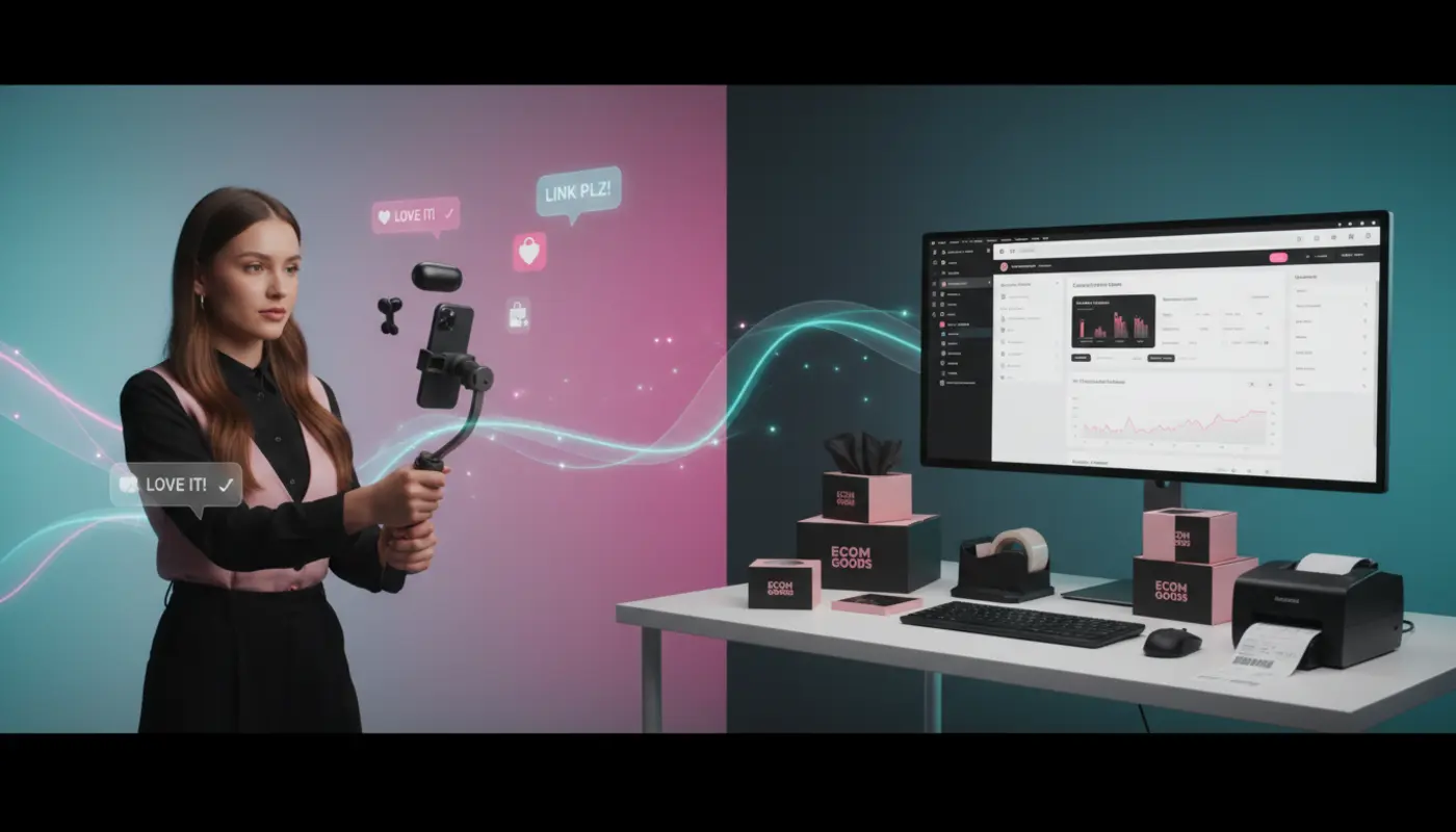UK TikTok Shop and Shopify setup showing creator selling and ecommerce fulfilment in one integrated scene.