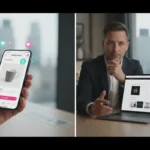 UK founder choosing between TikTok Shop and ecommerce website on phone and laptop with TikTok style icons.
