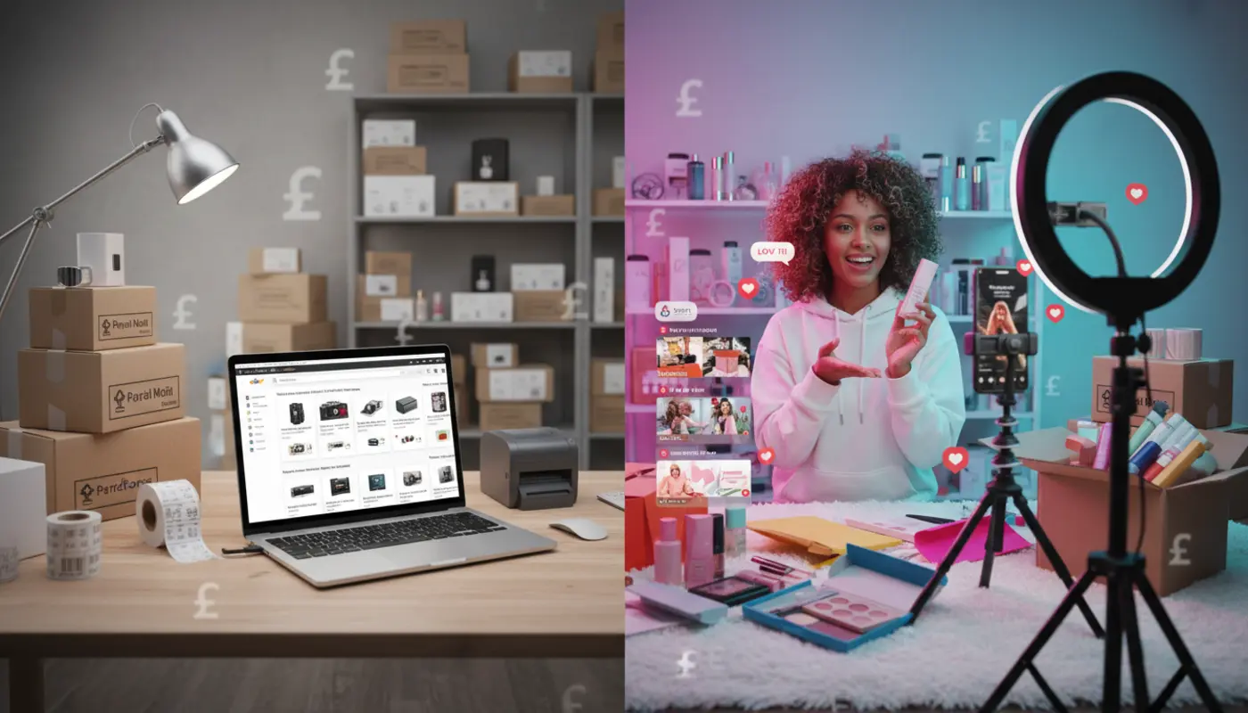 UK seller workspace comparing TikTok Shop and eBay with content creation and ecommerce elements