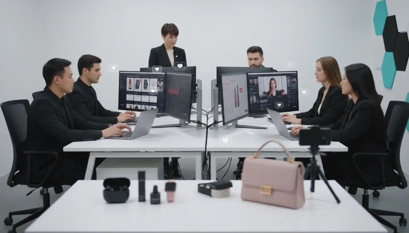 UK TikTok Shop agency team managing products, creators and analytics in a modern studio setup.