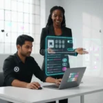 UK TikTok Shop owner and operator collaborating with permission controls and ecommerce visuals in a clean studio scene.