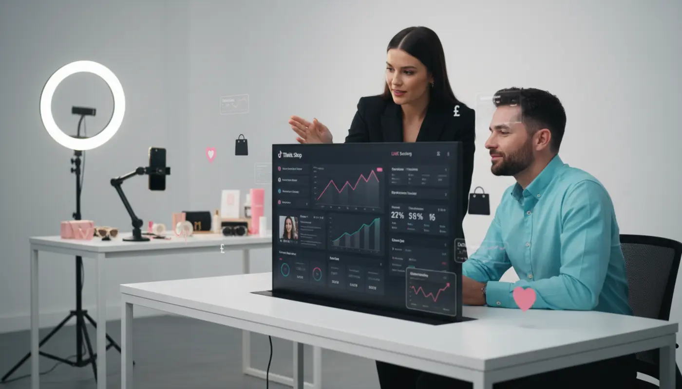UK TikTok Shop team reviewing GMV data and LIVE selling setup in a modern studio environment.