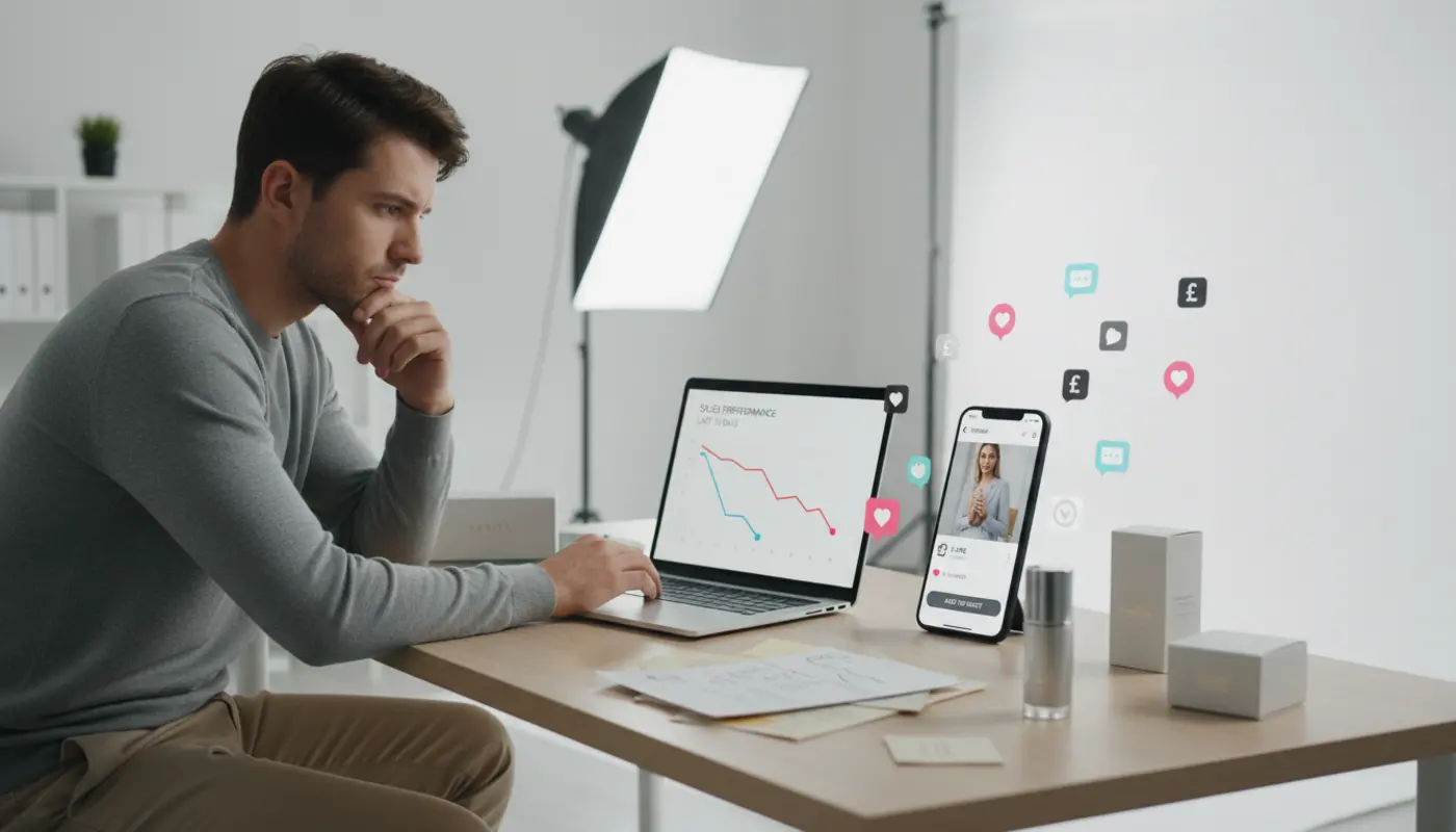 UK TikTok Shop seller reviewing low sales analytics with product listings and TikTok interface elements.
