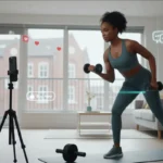 UK fitness creator using home gym gear while selling on TikTok Shop with subtle app icons in a modern studio setting.