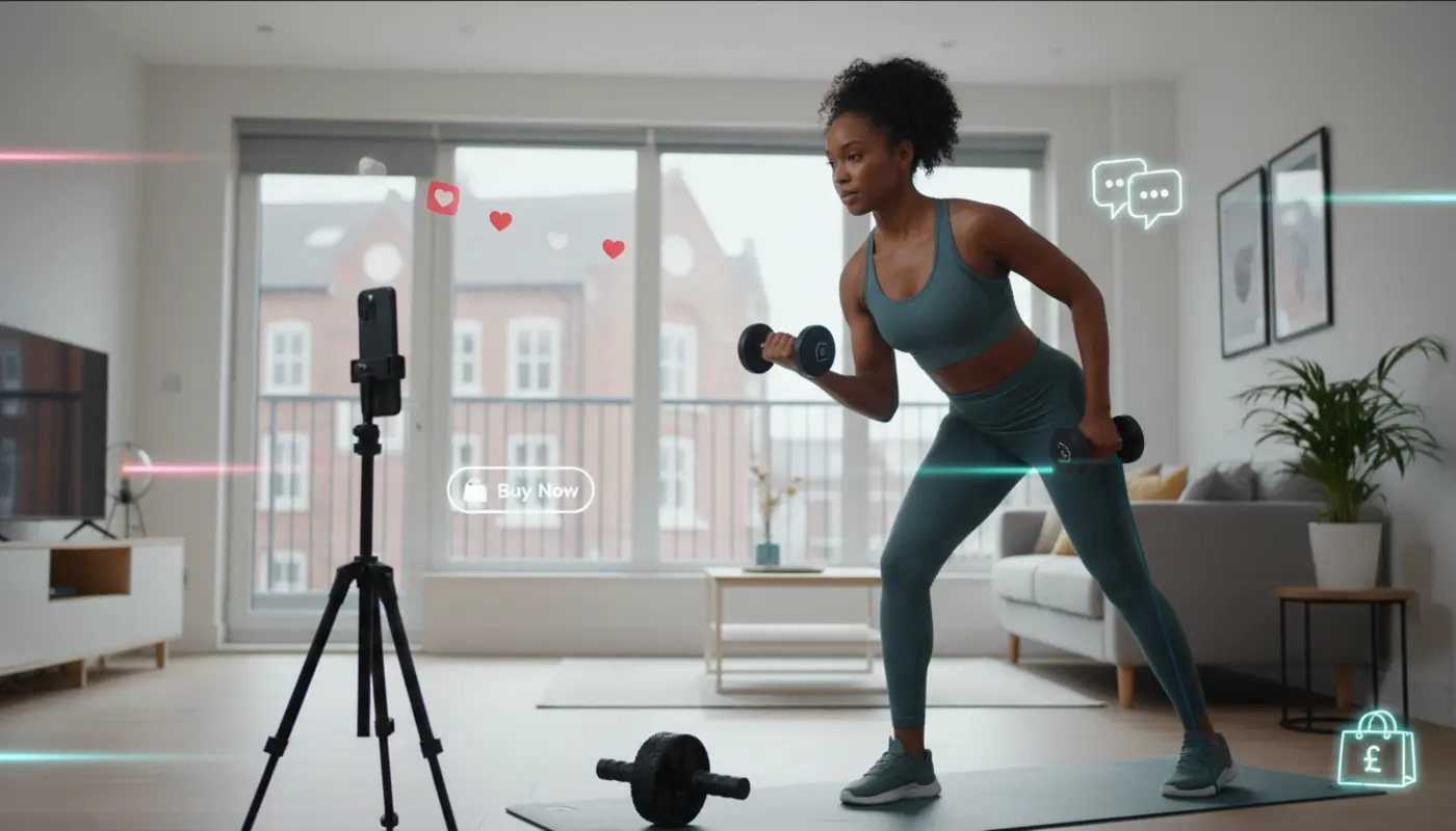 UK fitness creator using home gym gear while selling on TikTok Shop with subtle app icons in a modern studio setting.