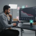UK TikTok Shop seller analysing declining GMV sales data in a clean studio workspace.