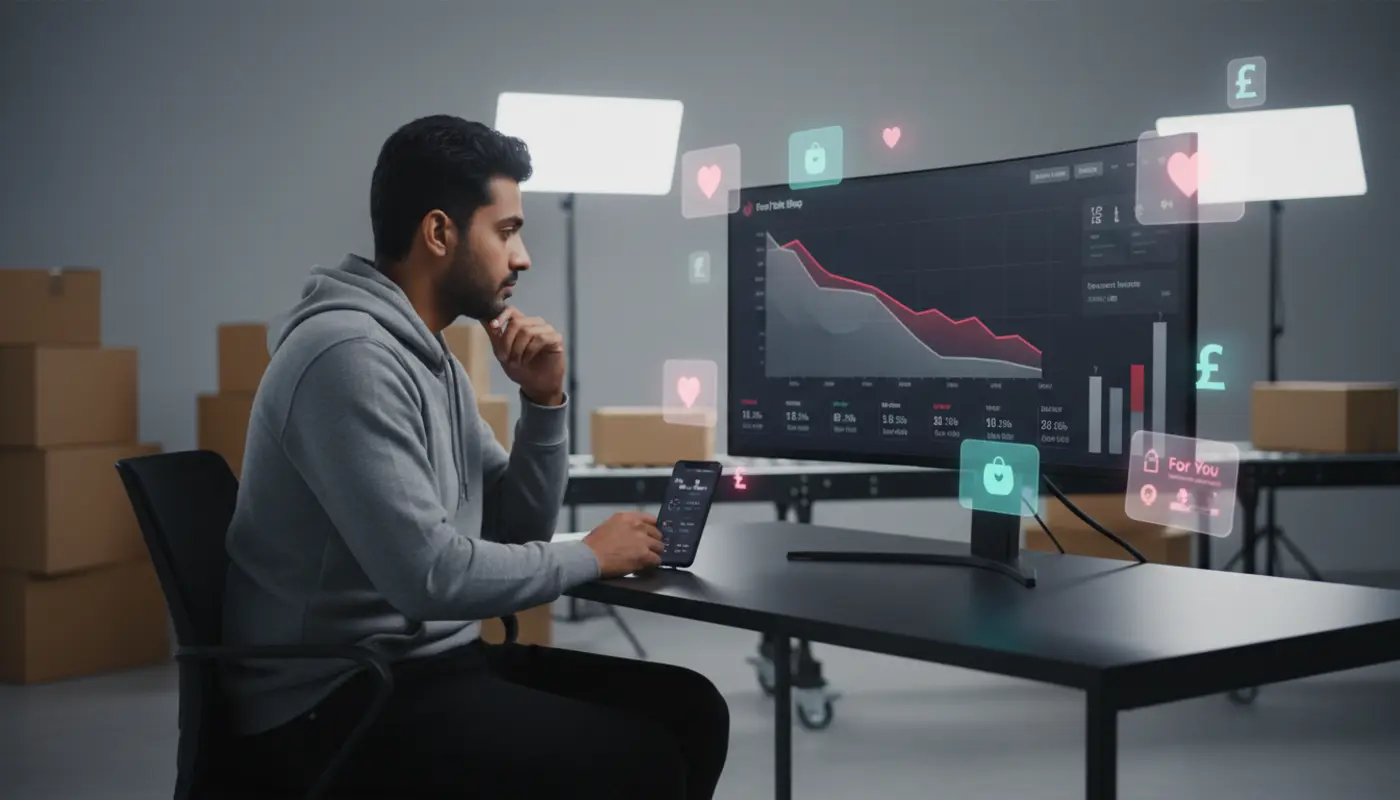 UK TikTok Shop seller analysing declining GMV sales data in a clean studio workspace.