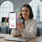 UK creator redeeming TikTok gift card voucher on phone with coins and UI icons in a bright studio setting