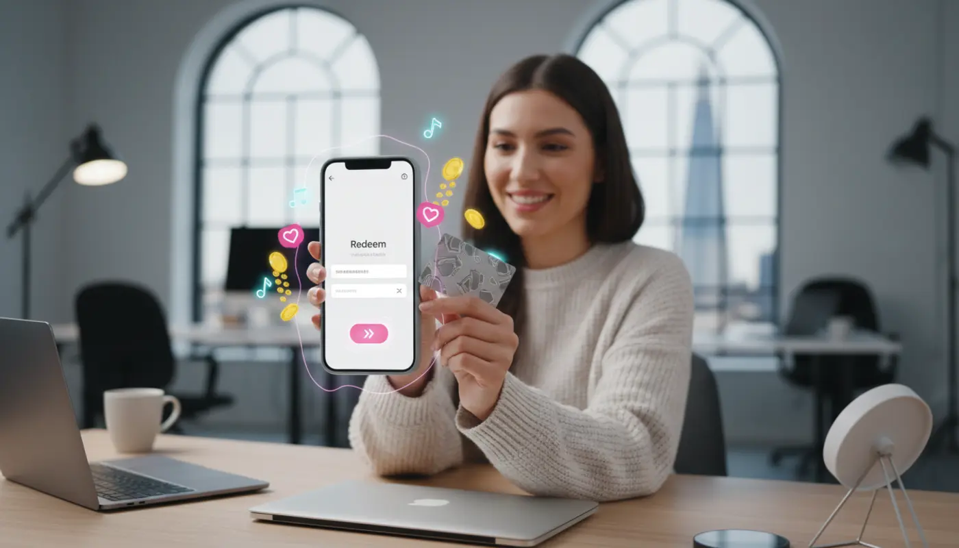 UK creator redeeming TikTok gift card voucher on phone with coins and UI icons in a bright studio setting