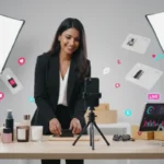 UK TikTok Shop seller filming product videos with sales analytics and shopping icons.