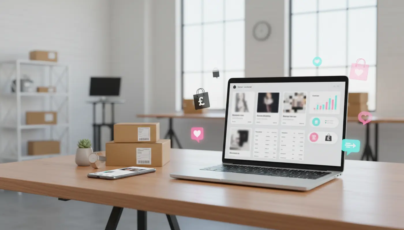Premium UK TikTok Shop Manager dashboard scene for new sellers with products, orders and analytics.