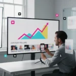 UK TikTok creator filming content in studio with analytics visuals showing organic growth strategy.