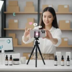 UK small business owner creating TikTok Shop product video with sales icons and studio setup.